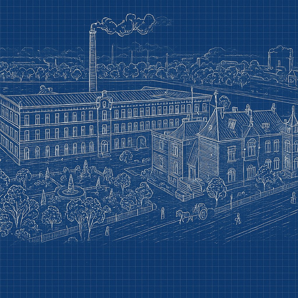 Blueprint illustration of the first factory building